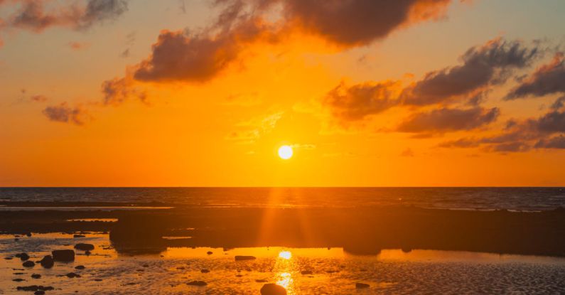 Sharks And Rays - The sun sets over the ocean with clouds in the sky